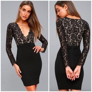 Lulu's Black Lace Long-Sleeve V-Neck Bodycon Dress